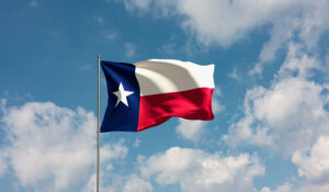 Flag Texas against cloudy sky. Country, nation, union, banner,